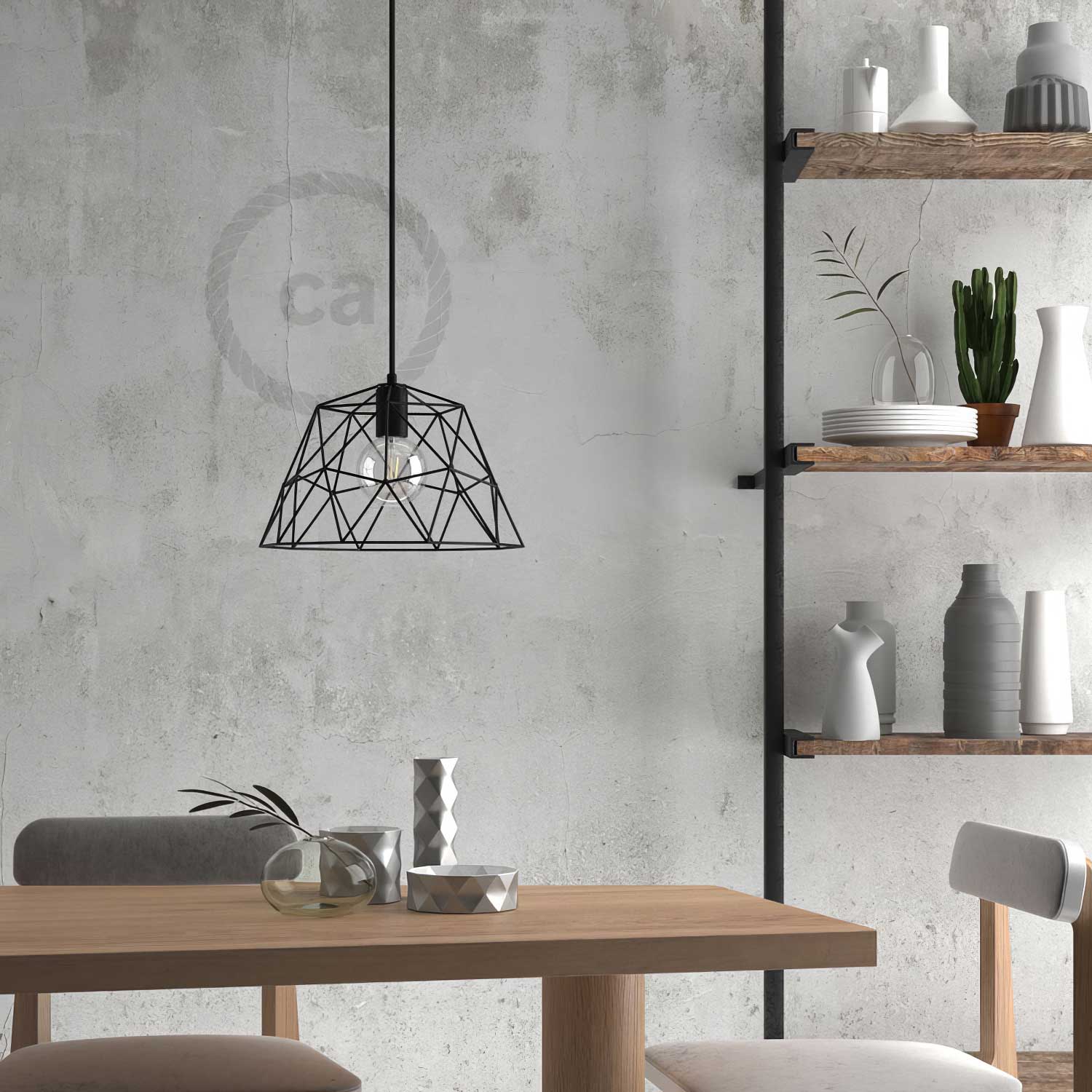 Pendelleuchte mit Textilkabel, Kuppelschirm und Metalldetails - Schwarz - Image 3