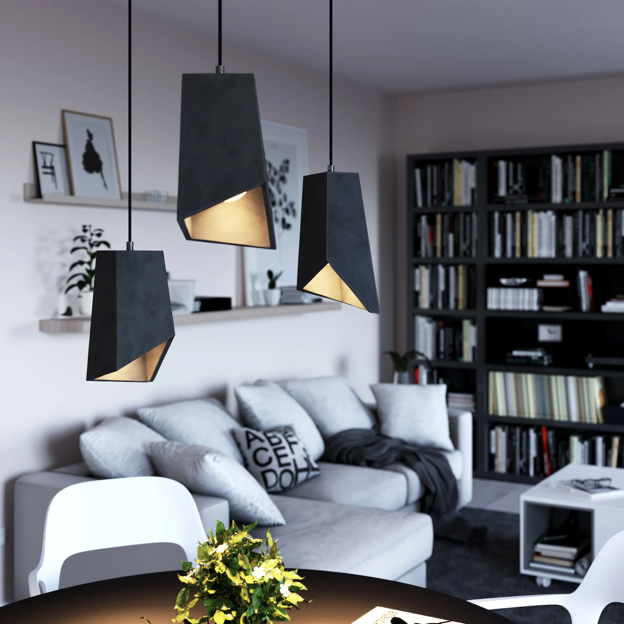 Pendelleuchte mit Textilkabel, Prisma-Zement-Lampenschirm und Metall-Details – Dunkelzement - Image 2