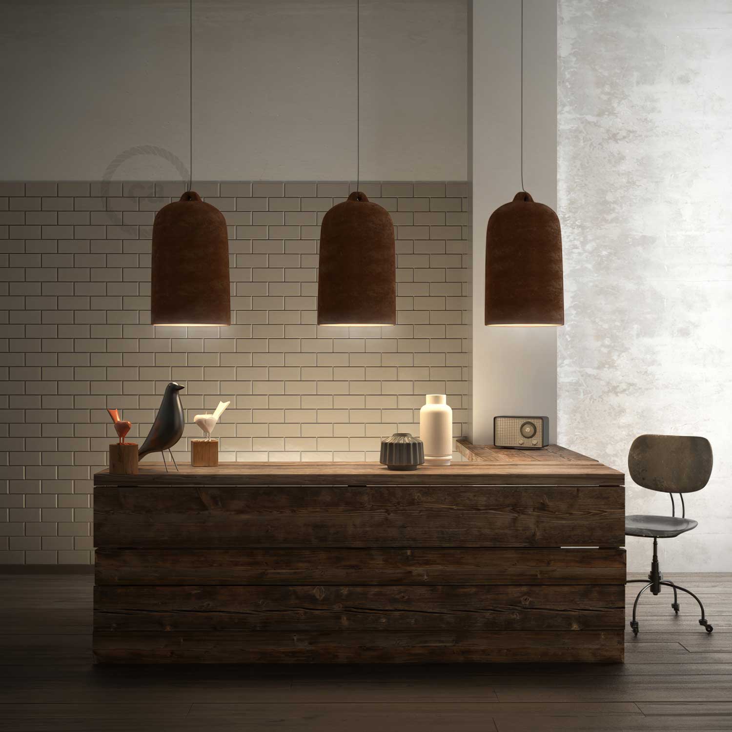 Pendelleuchte mit Textilkabel und Bell XL-Keramikschirm - Corten-Optik - Image 3