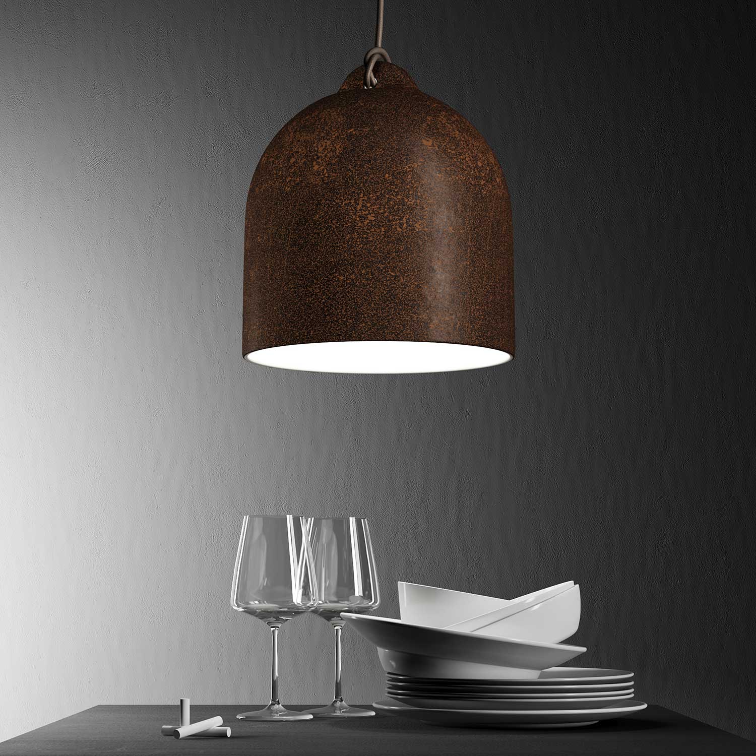 Pendelleuchte mit Textilkabel und Glockenschirm Bell M aus Keramik - Corten-Effekt - Image 3