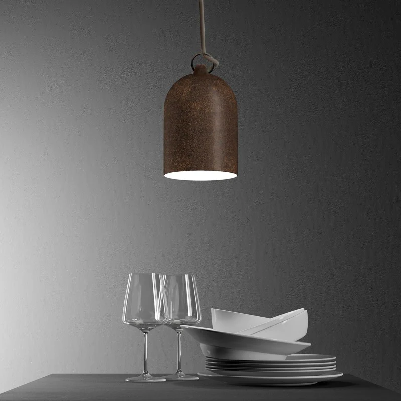 Pendelleuchte mit Textilkabel und Lampenschirm Mini Bell XS Keramikschirm – Corten-Effekt - Image 3