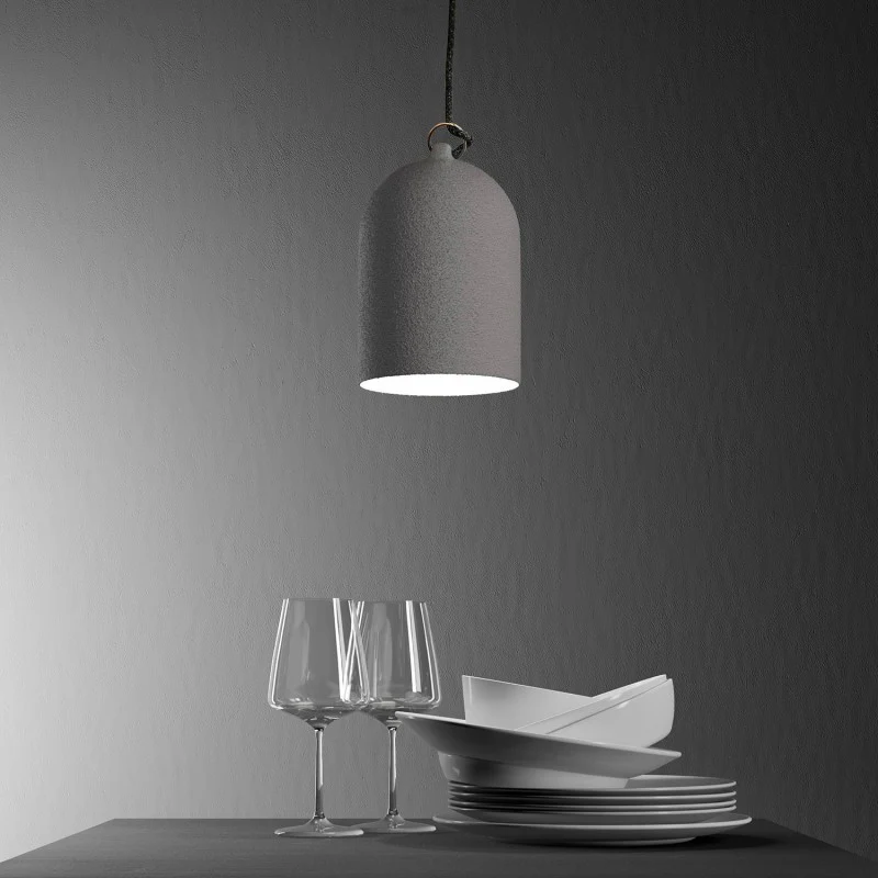 Pendelleuchte mit Textilkabel und Mini Bell XS Keramikschirm – Zementoptik - Image 3