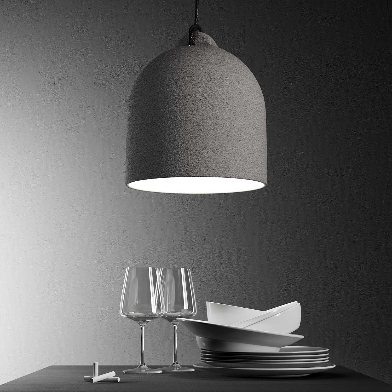 Pendelleuchte mit Textilkabel und Glocken-Lampenschirm Bell M aus Keramik – Zementoptik - Image 3