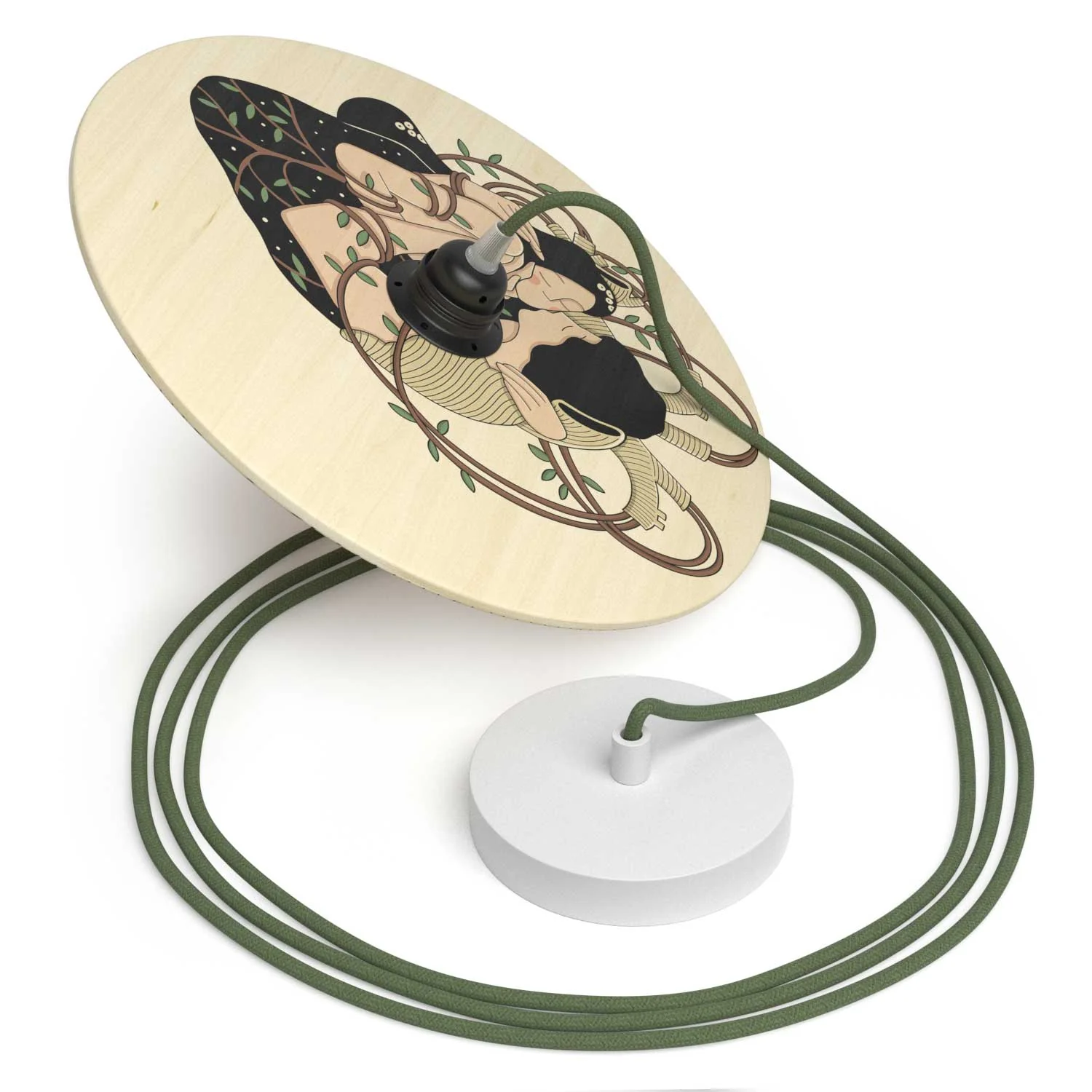 Pendelleuchte komplett mit Textilkabel, doppelseitigem UFO-Holzschirm und Metall-Details – Carolina Zuniga - Image 6
