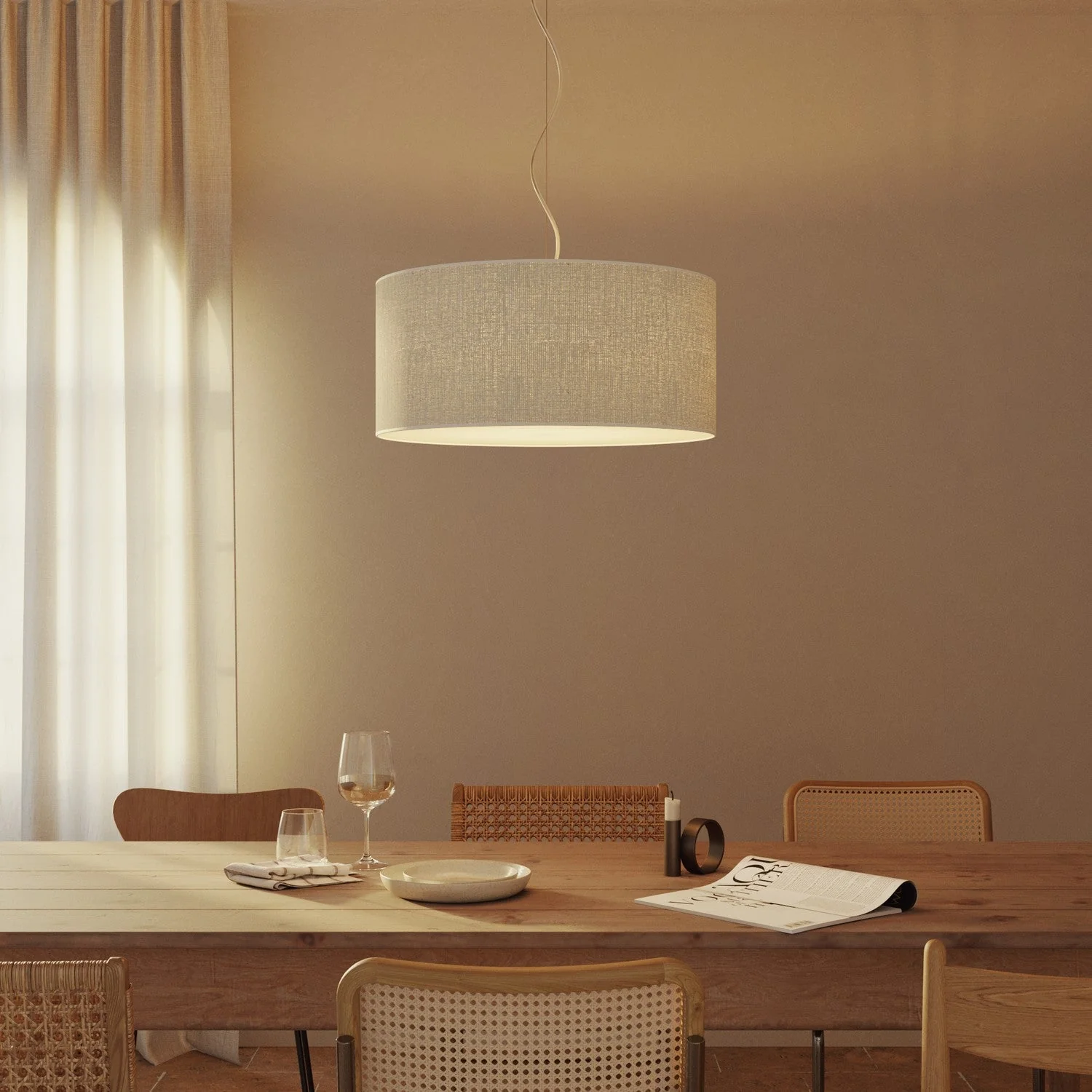 Hängeleuchte mit großem Zylinder-Lampenschirm aus Stoff – Made in Italy – Helle Jute - Image 8