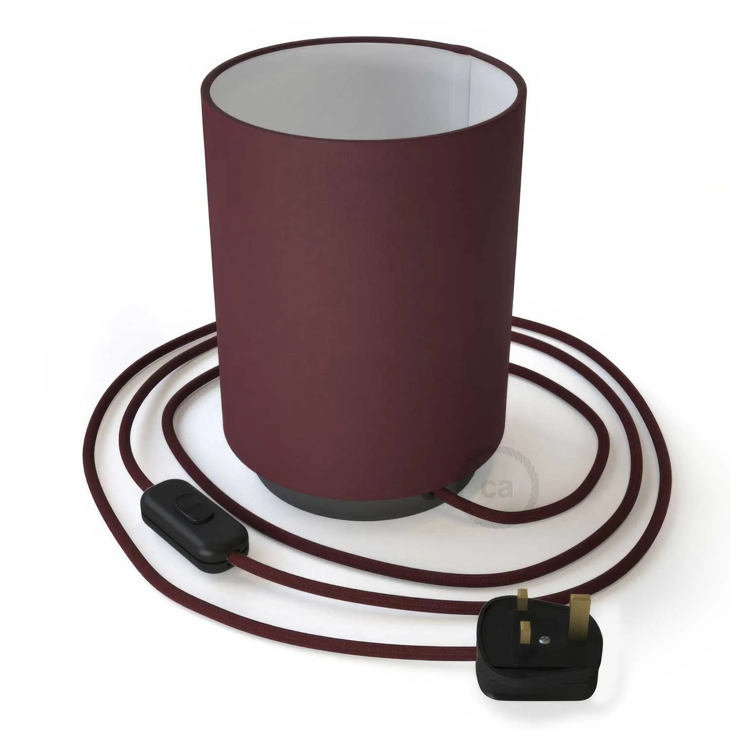 Posaluce aus Metall mit Zylinder-Lampenschirm in Teletta Bordeaux und UK-Stecker – Teletta Bordeaux