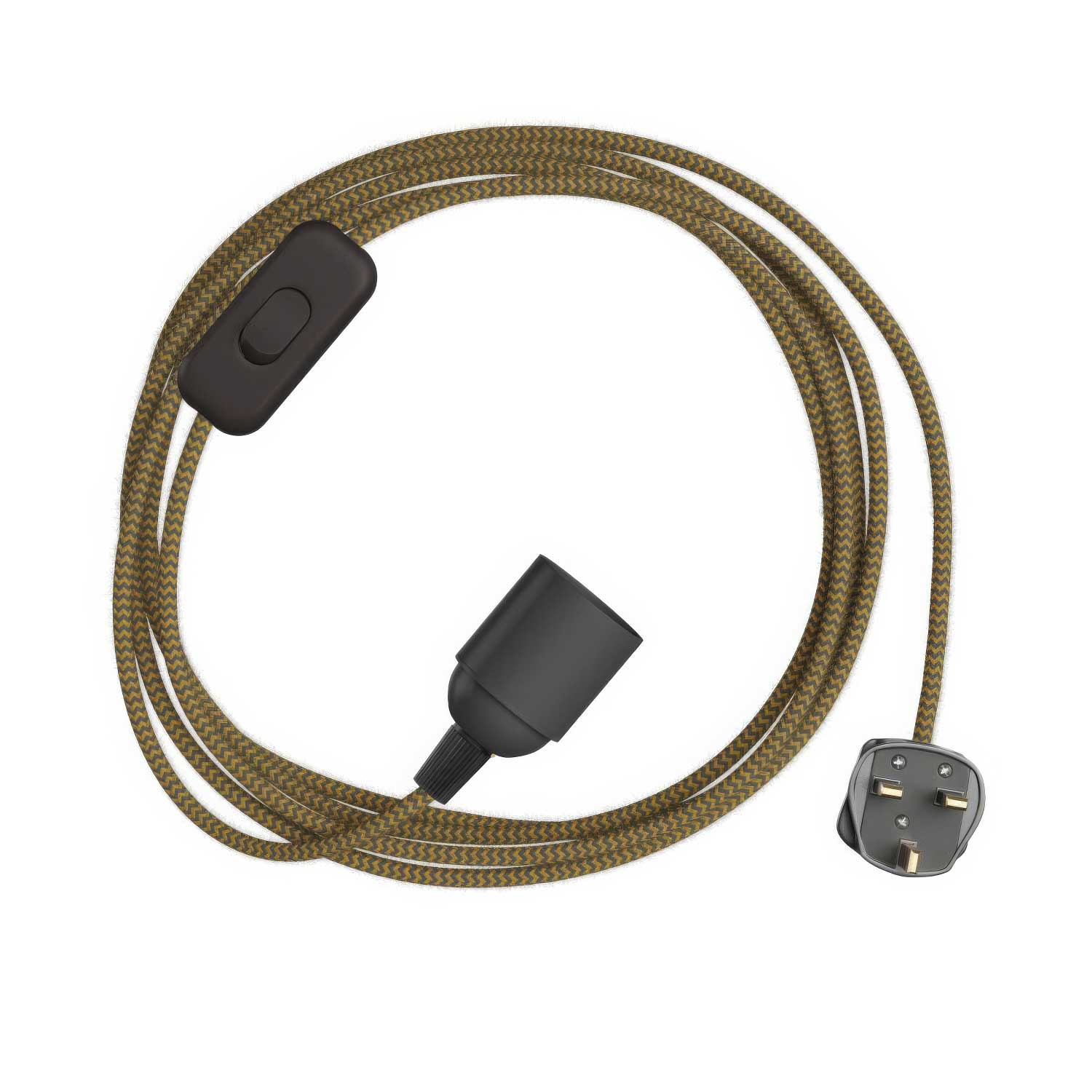 SnakeBis Zig-Zag - Verkabelung mit Lampenfassung, Stoffkabel mit Zig-Zag Effekt RZ27 und UK-Stecker