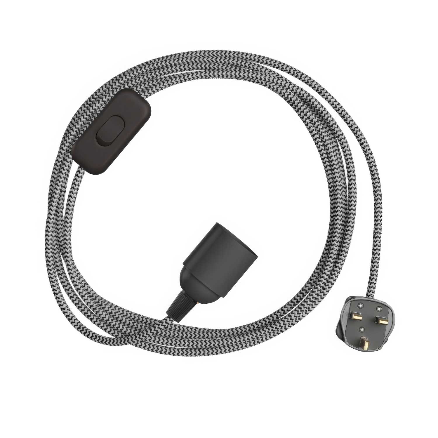 SnakeBis Zig-Zag – Verkabelung mit Lampenfassung, Stoffkabel Zig-Zag RZ04 und UK-Stecker