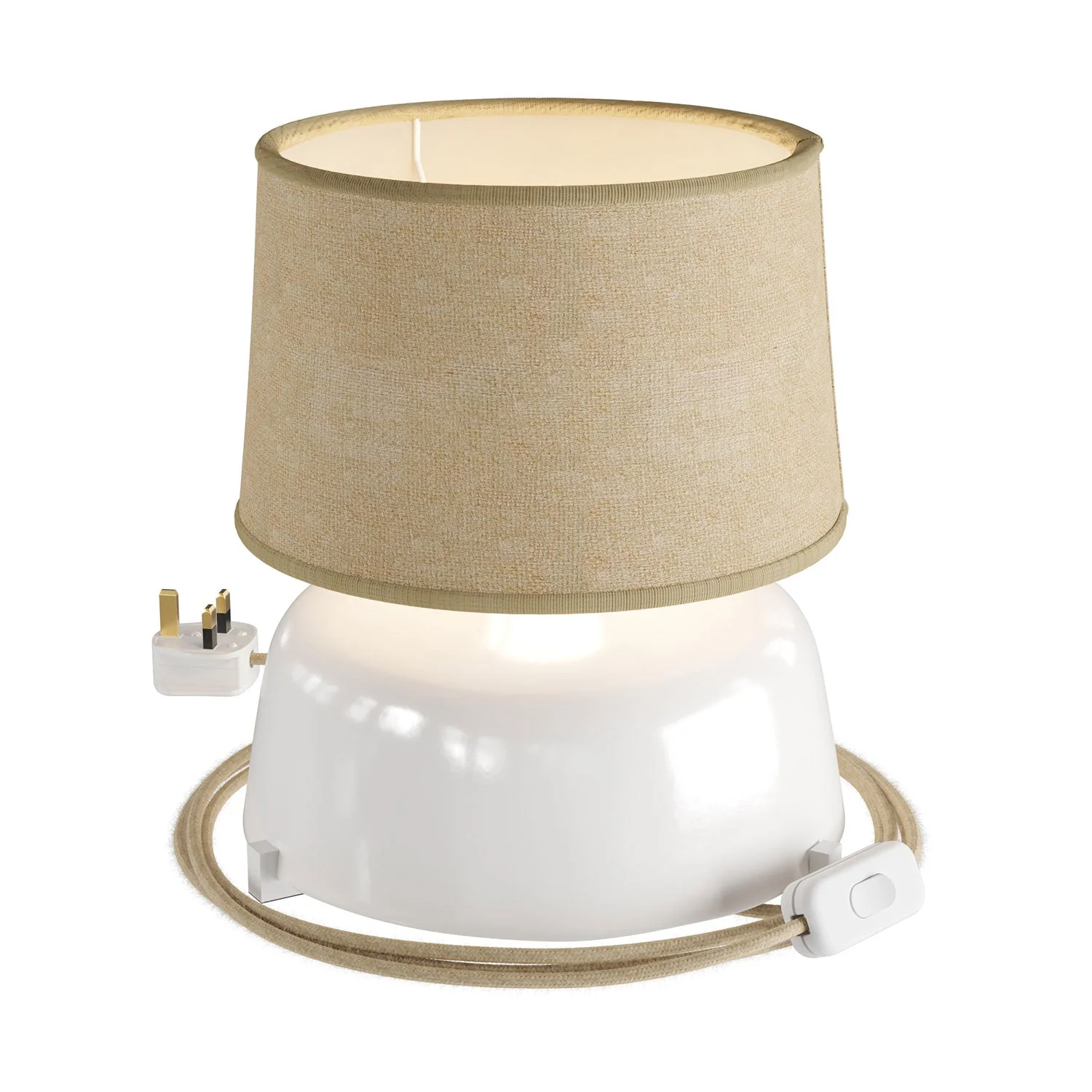 Tischlampe aus Keramikschale mit Athena-Lampenschirm und UK-Stecker – Naturjute