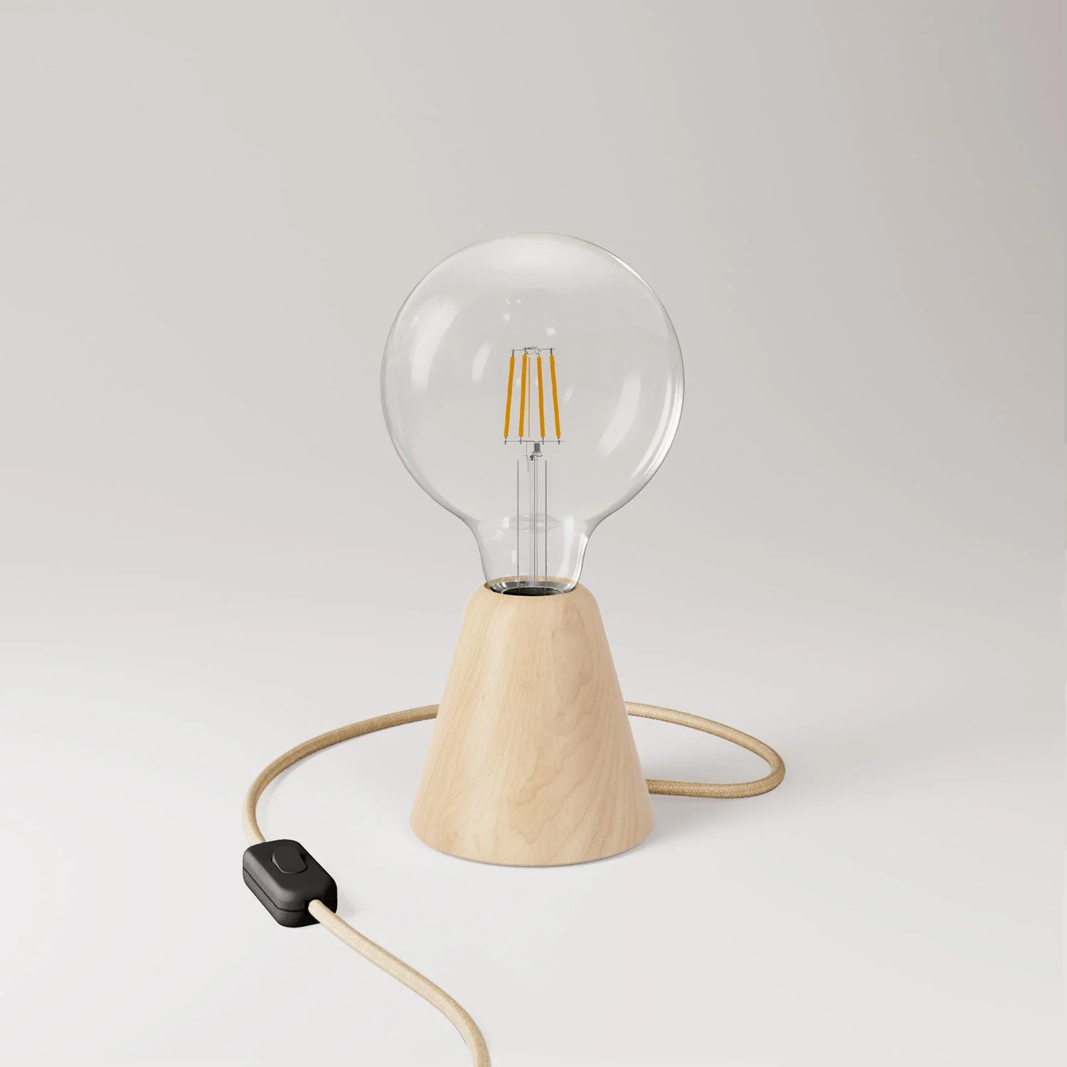 Tischlampe mit Erlenholz-Basis, klarer Glühbirne, RN06-Kabel und EU-Stecker