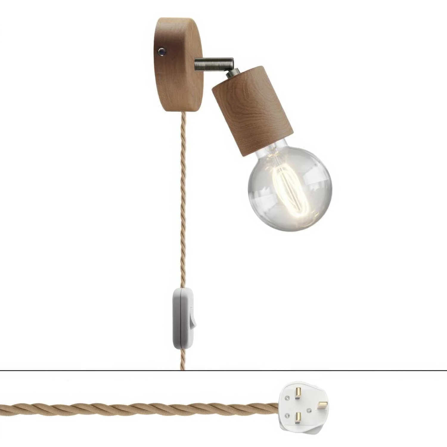 Spostaluce-Lampe mit schwenkbarem Gelenk aus Holz und UK-Stecker – Neutral