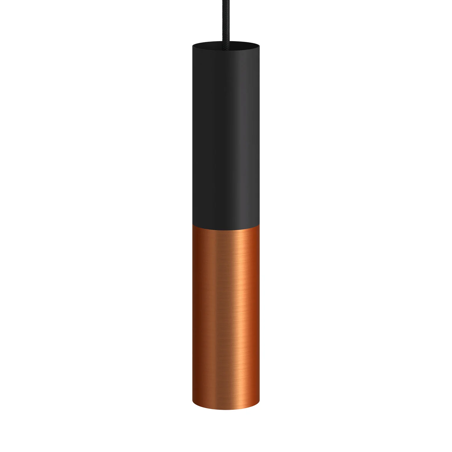 Tub-E12, Doppel-Metallrohrstrahler mit doppeltem E12-Fassungshaltering – Schwarz und gebürstetes Kupfer