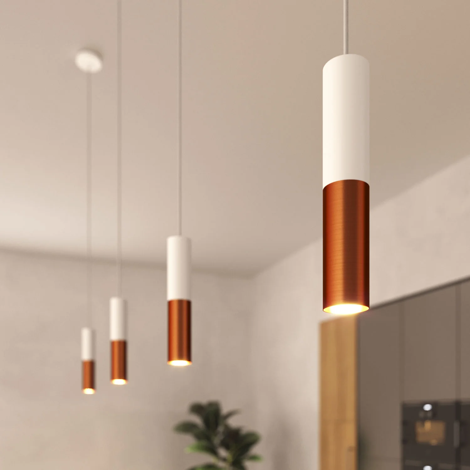 Tub-E12, doppeltes Spotlight-Metallrohr, mit zwei E12-Fassungsringen – Mattweiß und Gebürstetes Kupfer - Image 6