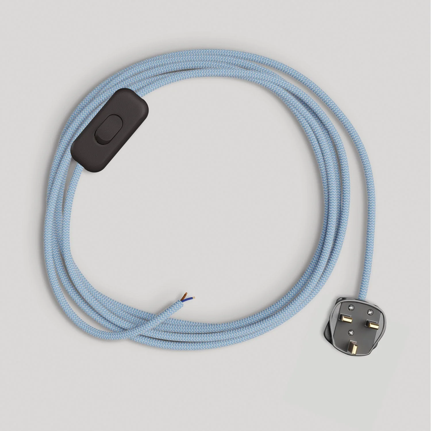 Lampenkabel mit Steward-Baumwollkabel in Blau, 1,80 m, und UK-Stecker.