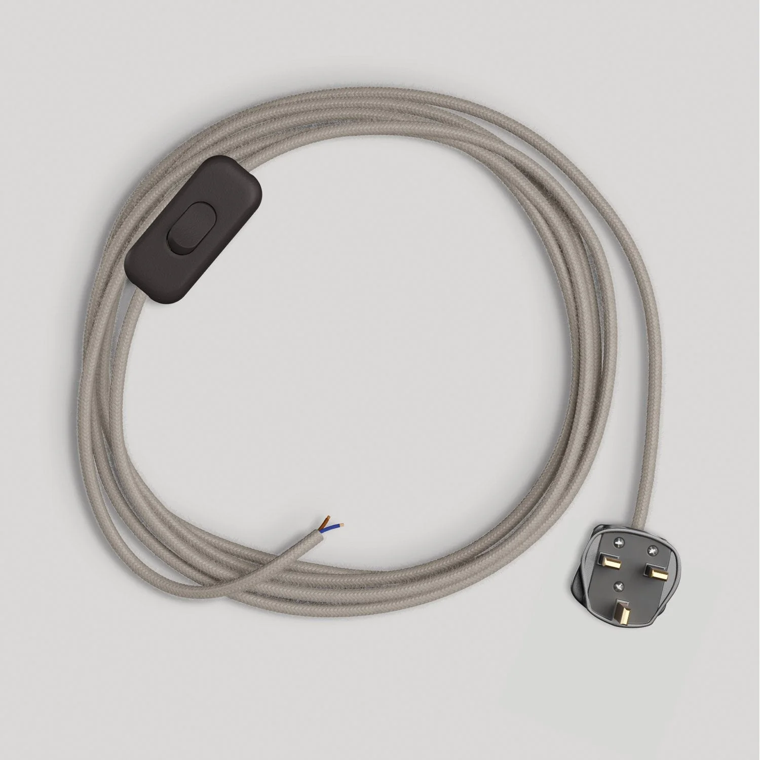 Kabelkonfektion für Lampe mit 1,80 m taupegrauem Baumwollkabel und UK-Stecker